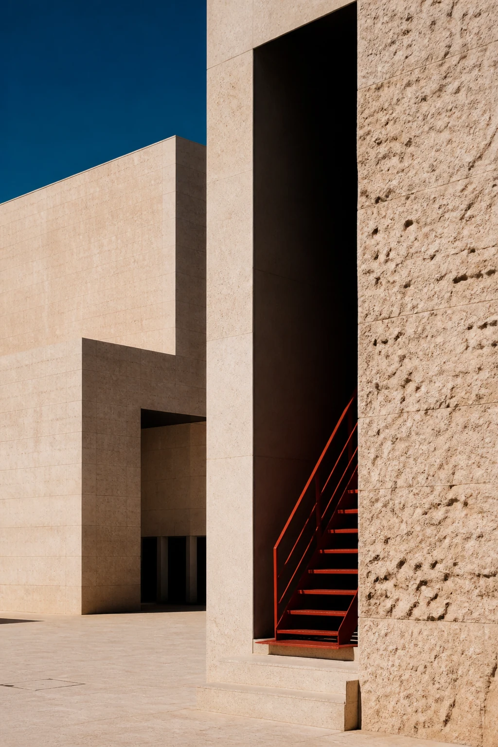 Arquitectura mediterránea de piedra con una escalera roja