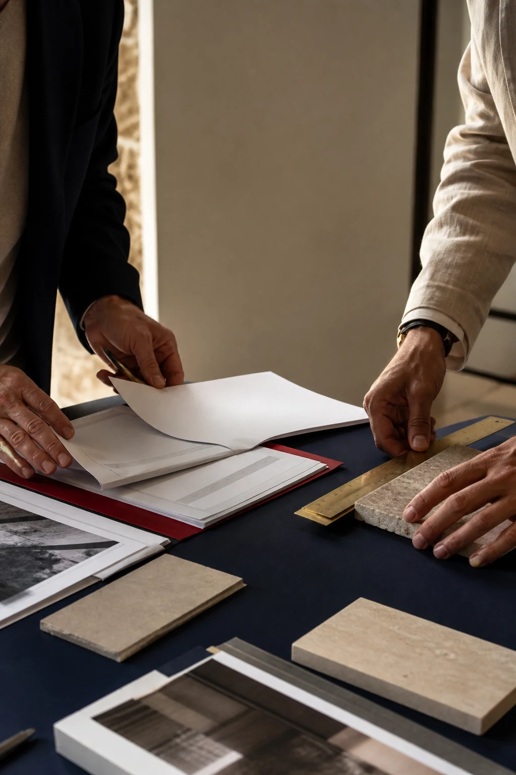 Consultores trabajando con documentos y muestras de materiales